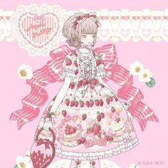 a drawing of a girl in a dress with strawberries on her chest, holding a heart shaped purse