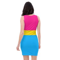 Feel amazing in this minimalist color block pansexual flag dress. This stunning pan pride dress is soft, stretchy and comfortable and the bodycon effect is very flattering. Being a sleeveless tank style dress it is suitable for all kinds of occasions from pride events to summer festivals or simply take with you on vacation. Whilst the pansexual colors are bold they are arranged in a stylish way and you'll love the way it stretches in all the right places and is so easy to wear it feels like a se Spring Sleeveless Color Block Dress, Casual Color Block Sleeveless Dress For Spring, Fitted Color Block Mini Dress For Party, Rainbow Sleeveless Dress, Stretch Color Block Mini Dress, Color Block Stretch Mini Dress, Multicolor Color Block Sleeveless Summer Dress, Spring Rainbow Fitted Dress, Fitted Color Block Sleeveless Dress For Spring