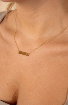 This 14K gold vermeil A-Z initial bar necklace makes the perfect gift for everyone on your list. 16" length with 2" extension 23.5mm x 5mm bar Lobster clasp 14K gold plated sterling silver Imported Initial Bar Necklace, Bar Necklace, Gold Details, Gold Plated Sterling Silver, Initial Necklace, Gold Vermeil, Lobster Clasp, For Everyone, Initials