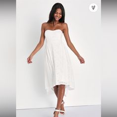 White Lace Strapless Bustier High-Low Dress Large Lulu’s High Low Cocktail Dress, Lulus Maxi Dress, Satin Formal Dress, High Low Gown, Floral High Low Dress, Strapless Lace Dress, Strapless Bustier, Lulus Dresses, Lace Strapless