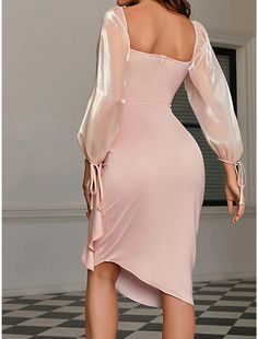 Women's Party Dress Cocktail Dress Wedding Guest Dress Midi Dress White Champagne Pink Long Sleeve Plain Ruched Summer Spring Fall Off Shoulder Elegant Wedding Guest Vacation Spring Dress Party Dress Cocktail, Wedding Guest Dress Midi, Cocktail Dress Wedding Guest, Midi Dress White, White Champagne, Champagne Pink, Mid Skirt, Princess Sleeves, Asymmetrical Hem Dress