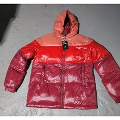 New Winter Champion Hooded Puffer Jacket Red Light Pink Men's Size Large. Red Winter Outdoor Outerwear, Red Hooded Outerwear For Outdoor, Red Winter Windbreaker With Detachable Hood, Red Windbreaker With Detachable Hood For Fall, Fall Red Windbreaker With Detachable Hood, Red Hooded Nylon Outerwear, Hooded Red Nylon Outerwear, Red Outdoor Outerwear With Detachable Hood, Sporty Red Outerwear With Detachable Hood