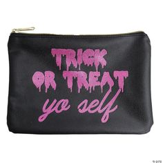 Trick Or Treat Yo Self Makeup Bag A great-looking and fun makeup bag that can also be used asa small purse if needed. Vinyl makeup bag with iridescentreflective print which reads in. Trick or Treat Yo Self in. . Greatfor Halloween or anytime of the year! Zip closure.Approximately 8 inches wide and 5 1/2 inches deep. *Photo Colors may vary on your device. With any product, the color may appear different based on device, monitor settings, configurations, browsers, the lighting/setting for the phot Playful Makeup, Self Makeup, Fun Makeup, Makeup Game, Halloween Accessories, Costume Shop, Small Purse, Drink Sleeves, Halloween Fun