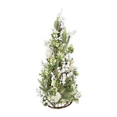 an artificial christmas tree with white flowers and greenery in a basket on a white background