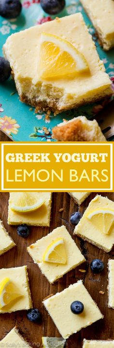 greek yogurt lemon bars with blueberries on a wooden cutting board and text overlay that says greek yogurt lemon bars