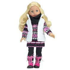 Give your little one fun clothes for dressing up their doll with Sophia’s kids dress, leggings, scarf, vest, and boots outfit. This 5 piece set includes a pink knit Aztec print dress, black stirrup leggings, black infinity scarf, white puffy vest, and matching pink snow boots for a colorful, stylish outfit your little one's doll will love. These trendy accessories encourage your child to use their imagination while playing pretend. Plus, the complete cozy outfit allows your little one to accesso Vest And Boots, Scarf Vest, Dress Leggings, Aztec Print Dress, Stirrup Leggings, Pink Snow, Fun Clothes, Puffy Vest, Pink Knit