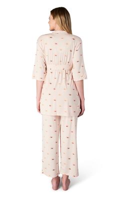 This soft and stylish 3-piece gift is the perfect sleep and loungewear set. Top has a criss-cross bust, while the pant has a stretchy, smocked waistband. Short 3/4-sleeve robe is a stylish cover up. Set includes tank top, pant, and robe. Rayon/Spandex. Machine wash cold, gentle. Line dry or tumble dry low. Tank: High point shoulder to hem length is 27 inches for size Medium. Robe: High point shoulder to hem length is 32.5 inches for size Medium. Pant: Inseam length is 29 inches for size Medium. Comfy Pjs, Newborn Gown, Nursing Top, Matching Baby, Sleep And Loungewear, Pregnant Mom, Nursing Tops, Baby Gown, Maternity Nursing