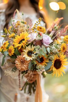 a bride holding a bouquet of sunflowers and greenery