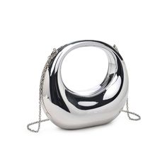 Our acrylic evening bag is the perfect accessory for any fashion-forward individual. The chrome design with a structured shape and top handle is both modern and elegant, while the snap frame closure keeps your belongings secure. The unlined interior allows you to showcase your fashion sense, and the included extra chain strap provides versatility. ﻿THE GOLD CHROME EVENING BAG CAN BE FOUND HERE. Material: Acrylic Closure: Snap Exterior Details: Top Handle, Structured Shape Interior Details: Unlin Trendy Metal Shoulder Bag For Party, Trendy Metal Shoulder Bag For Evening, Trendy Metal Evening Bag, Trendy Metal Evening Bags, Trendy Evening Metal Bags, Chic Silver Handheld Shoulder Bag, Evening Shoulder Bag With Metal Chain Strap, Chic Metal Rectangular Shoulder Bag, Chic Metal Shoulder Bag For Formal Occasions