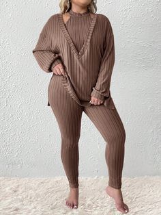 Plus Size Spring & Fall Casual Knit Ribbed Long Sleeve Top And Pants 2pcs Suit Khaki Casual  Long Sleeve Knitted Fabric Plain  Medium Stretch  Women Plus Clothing, size features are:Bust: ,Length: ,Sleeve Length: Lounge Outfit, Traje Casual, Top And Pants Set, Casual Summer Shorts, Elegant Dresses Long, Dark Jeans, Weekend Wear, Inspiration Mode, Kids Sleepwear