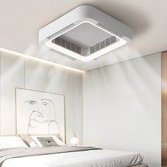 a bedroom with white walls and green leaves on the ceiling, along with an air conditioner