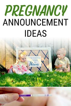 a person holding a small child in their hand with the words, pregancy announcement ideas