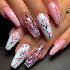 Nail Art Designs Pink And White, Cool Nail Art Ideas, Blossom Nail Art Designs, Pink New Years Nails, Blossom Gel Nail Art, Blossom Nail Art, 2023 Celebration, Blossom Nails, Cherry Blossom Nails