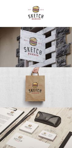 the logo for sketch burgers is displayed on top of a wooden table with other items