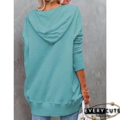 Wholesale Bluish-green Ribbed Button Neckline Bat Sleeve Oversize Hoodie Online Bat Sleeve, Bluish Green, Winter Sweatshirt, Oversize Hoodie, Bat, Fall Winter, Sweatshirts Hoodie, Sweatshirts, Green