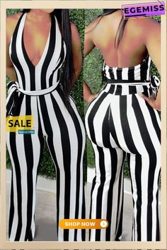 Sexy Casual Striped Print Backless Halter Regular Jumpsuits Makeup Stuff, Jumpsuits And Romper, Casual Stripes, Color Pick, Jumpsuit Fashion, Stripe Print, Jumpsuit Romper, Jumpsuit, Rompers