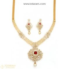 18K Gold Diamond Necklace & Earrings Set with South Sea Pearls & Color Stones - 235-DS754 - Buy this Latest Indian Gold Jewelry Design in 73.750 Grams for a low price of  $12,539.99 Indian Gold Jewellery Design, Ruby Diamond Necklace, Diamond Necklace Indian, Indian Diamond Jewellery, Indian Gold Jewelry, Buy Gold Jewelry, Necklace Set Indian, Diamond Necklace Set, Solitaire Pendant Necklace