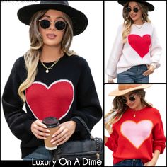 Fall Heart-shaped Sweater, Trendy Heart Graphic Sweater For Fall, Long Sleeve Knit Tops With Heart Print, Knit Long Sleeve Tops With Heart Print, Trendy Winter Sweater With Heart Graphic, Trendy Winter Sweater With Heart Design, Knit Crew Neck Sweater With Heart Print, Trendy Crew Neck Sweater With Heart Print, Winter Sweater With Heart Graphic