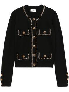 black honeycomb knit chain-link detailing cropped front button fastening logo-engraved buttons long sleeves buttoned cuffs front faux pocket detail straight hem