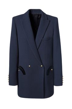 Sophisticated and effortless chic, this tailed blue blazer with tiny gold buttons embodies the iconic allure of the navy uniform. Wear it like a second skin. DOUBLE-BREASTED, DOUBLE CRÊPE VIRGIN WOOL, SARTORIAL FINISHED SLIGHTLY PADDED SHOULDERS, PEAK LAPELS, SLANTED CHEST POCKET, VELVET EMBELLISHED SMILEY POCKETS. FOUR INTERNAL POCKETS, NAVY SILK INTERNAL PIPING,GOLDEN BOULES BUTTONS. SINGLE BACK VENT.COLOUR: NAVYMAIN FABRIC: 100% WOOLLINING: 50%CUPRO, 50%VISCOSEBUTTONS: NYLONCARE: SPECIALIST D Blaze Milano, Navy Uniform, Celine Daoust, Navy Uniforms, Olympia Le Tan, Navy Blue Blazer, Navy Blazer, Tailored Pants, Effortless Chic