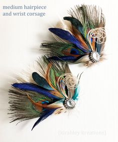 Here are beautiful boho inspired rustic peacock pieces, perfect for your wedding or special event.  Created with a variety of feathers in shades of teal, navy, green, black, burnt orange and taupe. Rhinestones may vary from pieces shown due to availability at time of order. Please contact me with any questions or to select a piece that best coordinates with your jewelry.  >> PLEASE NOTE << Items are priced individually. Please select the style needed and quantity from the drop down menu. The last photo shows the larger hairpiece. Feel free to contact me with any questions.  - Hairpiece; choose your favorite style from the Large or Medium hairpiece, with your choice of a rhinestone or pearl embellishment. Either style can be created with your choice of an alligator clip with teeth, or a com Feather Wedding Hairpiece, Bridesmaid Wrist Corsage, Peacock Wedding Inspiration, Peacock Hair Clip, Feather Hair Comb, Bridesmaid Hair Clips, Peacock Hair, Wedding Barrettes, Corsage Pins