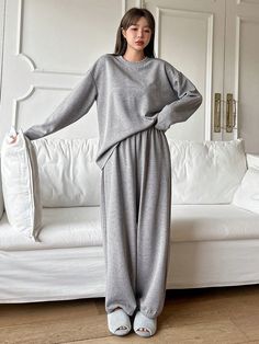 Women's Casual Simple Embroidered Shirt And Pants Pajamas Set Grey     Plain  Slight Stretch All Women Sleep & Lounge, size features are:Bust: ,Length: ,Sleeve Length: Loose Turtleneck Sweater, Cozy Pjs, Grey Plain, Double Breasted Overcoat, Home Wear Women Casual, Drop Shoulder Tee, Fleece Pajamas, Pajamas Set, Pyjama Set