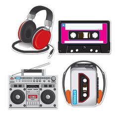 an assortment of music related items including headphones, tape recorder and cassette player