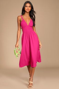 Magenta Midi Dress - Tie-Back Dress - Midi Dress with Pockets - Lulus Magenta Midi Dress, Unlined A-line Midi Dress For Summer, A-line Rayon Dress For Vacation, Summer Midi Dress Lined And Mid-length, Lined Midi Dress For Summer, Lined Summer Midi Dress, Lined Mid-length Midi Summer Dress, Chic Mid-length Maxi Dress For Summer, Chic Midi Length Maxi Dress For Summer