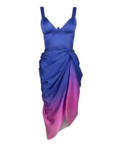 Fall in love with our Blue and Purple Ombre Midi Dress with Draped Skirt. This satin dress has been designed with a gathered skirt and seamed bust for the ultimate midi moment. Style with metallic accessories for a luxurious look. Fifi is 5ft 6 and wears a size 4. "Layla Midi Dress with Draped Skirt in Blue and Purple" Printed satin midi Gathered draped skirt Seamed bust Exposed center back zipper Elastic edge on back Stretch fabric Machine wash Polyester Imported. Purple Ombre Dress, Blue And Purple Dress, Bachelorette Dinner, Drag Dresses, Blue Ombre Dress, Ombre Gown, Blue Dress Outfits, Metallic Accessories, Business Clothes