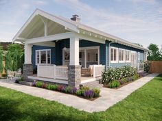 a small blue and white house sitting on top of a lush green field