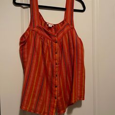 A.N.A Orange Top With Thick Tank Top Straps Striped Orange, Tan, And Blue Stripes Faux Buttons Down Front Nwt, Never Worn Size Xxl Thick Tank Top, Yellow Floral Blouse, Top Straps, Small Tank Tops, Striped Sleeveless Top, Tank Top Straps, Chambray Top, Orange Top, Sleeveless Pullover