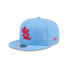 The St. Louis Cardinals Sky Blue 9FIFTY Snapback features an embroidered Cardinals Cooperstown logo at the front panels with a snapback closure at the rear and a gray undervisor. Blue Baseball Cap For College During Baseball Season, Blue Snapback Hat With Logo Patch For Sports, Blue Fitted Hat With Logo Patch And Flat Bill, Blue Sports Fitted Hat With Logo Patch, Blue Snapback Hat With Logo For Baseball Season, Blue Collegiate Fitted Hat For Streetwear, Blue Snapback Hat With Logo Patch, Blue Fitted Hat With Logo Patch For Sports, Blue Flat Bill Fitted Hat With Logo Patch