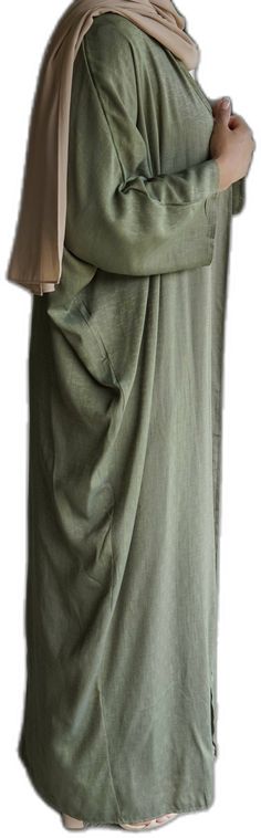 Green Long Sleeve Abaya For Spring, Long Sleeve Green Abaya For Spring, Spring Green Long Sleeve Abaya, Long Green Spring Abaya, Modest Long Green Abaya, Linen Abaya, Wrap Skirt, 3 Piece, Olive Green