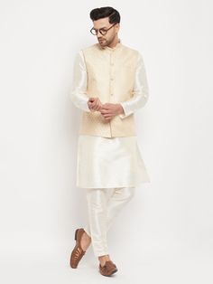 vm by vastramay mens cream ethnic jacket with cream silk blend kurta and pant style pyjama set Traditional Nehru Jacket For Semi-formal Transitional Season, Traditional Semi-formal Sets For Transitional Season, Traditional Fitted Beige Nehru Jacket, Fitted Beige Nehru Jacket In Traditional Style, Traditional Semi-formal Winter Sets, Traditional Wardrobe, Mandarin Collar Jacket, Kurta Pant Set, Cream Jacket