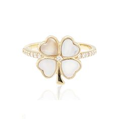 Vintage La Rose 14k Mother of Pearl Clover Ring 14k Yellow Gold Natural Mother of Pearl Color from Grey to White White Pave Diamonds Luxury 14k Gold Flower Ring Gift, Luxury 14k White Gold Flower Ring, Luxury White Gold Flower Ring In 14k Gold, Luxury 14k Rose Gold Jewelry, Fine Jewelry In 14k Rose Gold, White Color, 14k Rose Gold White Rings As Gift, White 14k Rose Gold Ring For Gift, White 14k Rose Gold Rings As Gift, 14k Rose Gold White Rings Fine Jewelry