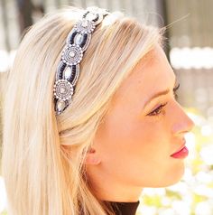 The Madison Headband is a beautiful combination of rhinestones, black beads and clear glass beads. Perfect for any occasion. This elegant hand beaded headband is fully adjustable for maximum comfort.  If you are looking for that perfect bridal accessory or wantr a sleek look, our Madison Headband will take you where you want to go. Elegant & Simple.  Madison looks as great with a pair of jeans as it does with a formal dress.  Our headbands can also be used to add a little sparkle and flair to your favorite hat too! What makes our headbands different? *Adjustable- all of our elastics are removable and adjustable for the perfect personalized fit. * Hand Beaded- every headband is uniquely different * More beads- our beaded area is longer than others so that you only see beads from ear to ear! Headband Beaded, Gatsby Headband, Headband Crystal, Headband Hat, Elegant Headband, Purple Headbands, Bridal Accessory, Star Headband, Comfortable Headbands