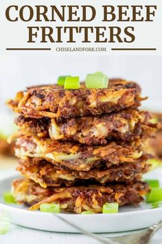 a stack of corned beef fritters with celery on the side