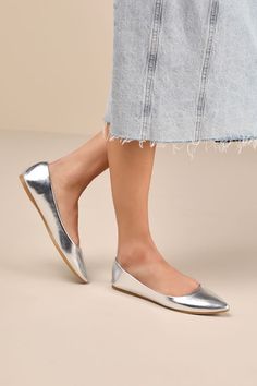 You can't go wrong with the classic style of the Lulus Holly Silver Metallic Flats! Smooth and shiny faux leather shapes these too-chic flats that feature a pointed toe and low-cut collar. Slip-on design. 0. 25" rubber heel. Lightly cushioned insole. Rubber sole has nonskid markings. Man Made Materials. Imported. Lulus | Holly Silver Metallic Flats | Size 6.5. Chic Flats, Metallic Flats, Leopard Print Shoes, Chic Shoes, Rubber Heels, Buy Shoes, Leather Cover, Low Cut, Me Too Shoes