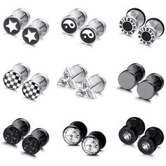 PRICES MAY VARY. Fake Gauge Earrings Set: You will receive 9 pairs faux gauge earrings with different styles. Including yin yang style, triangle style, star style, round style, CZ style and more. The quantity and styles are enough to meet your daily outfit matching needs. Simple basic styles with novel design, never go out of style, in black and sliver combo set, make yourself different and good-looking everyday. Premium Quality: These gauge earrings are made of high quality 316L stainless steel Faux Gauges, Mens Earrings Studs, Fake Gauge Earrings, Fake Gauges, Ear Tunnels, Black Stud Earrings, Triangle Earrings Stud, Black Background Images, Black Stud