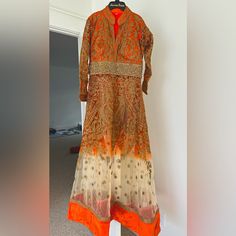 Brand New Wedding Lehenga Orange And Gold Size Small - S Heavy Work Wedding Choli With Sheer Dupatta And Long Shape, Wedding Salwar Kameez In Orange With Intricate Embroidery, Wedding Salwar Kameez With Intricate Embroidery In Orange, Orange Anarkali Traditional Wear For Wedding, Wedding Orange Salwar Kameez With Intricate Embroidery, Wedding Gown With Zari Work In Orange, Elegant Orange Choli For Festive Season, Elegant Orange Choli For Festive Occasions, Wedding Gown In Orange With Zari Work