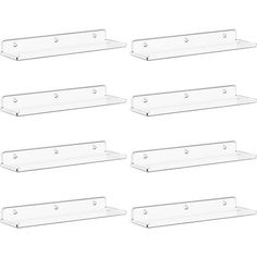 six clear shelves with metal brackets on each shelf