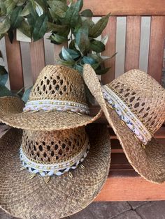 Blue Coastal cowgirl beach hat! So cute for the beach or even events. This hat style come with the 5 layer decoration and shell charms. PERFECT FOR BRIDAL SHOWERS, CONCERTS, BEACH ETC. Brimmed Hats For Beach And Country Festivals, White Straw Hat For Western-themed Summer Events, Curved Brim Hats For Beach And Country Festivals, Country Style Beaded Straw Hat For Country Events, Country Style Festival Sun Hat, Summer Brown Beaded Hat, Summer Rodeo Beaded Sun Hat, Summer Beaded Sun Hat For Rodeo, Beaded Sun Hat For Summer Rodeo