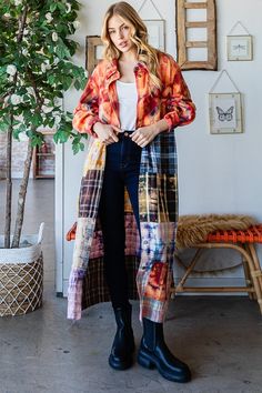 ACID WASHED PLAID MIX SHIRT DUSTER -Imported -Relaxed fit -True to size Summer Vintage Outfits, Duster Outfit, Vintage Outfits Retro, Denim Furniture, Patchwork Flannel, Grunge Flannel, Denim Duster, Clothing Upcycle, Floral Duster