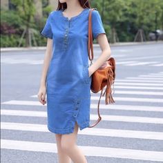 Jean Dress Blue Denim Short Sleeve Midi Dress, Elegant Blue Denim Dress For Day Out, Elegant Midi Length Blue Denim Dress, Elegant Blue Denim Midi Dress, Elegant Blue Midi Denim Dress, Chic Blue Short Sleeve Denim Dress, Casual Blue Spring Midi Dress, Blue Denim Short Sleeve Dress, Casual Blue Midi Dress For Spring