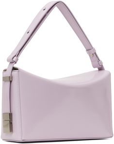 Polished leather top handle bag in purple. · Adjustable carry handle · Logo embossed at back face · Magnetic flap · Patch pocket at interior · Brushed bonded jersey lining · Logo-engraved silver-tone hardware · H5.75 x W9.5 x D3.25 Supplier color: Box lavender Luxury Purple Shoulder Bag With Silver-tone Hardware, Modern Purple Top Handle Shoulder Bag, Purple Shoulder Bag With Silver-tone Hardware For Evening, Modern Purple Shoulder Bag For Formal Occasions, Modern Purple Formal Shoulder Bag, Modern Purple Bag For Formal Occasions, Formal Purple Bag With Silver-tone Hardware, Silver Engraving, Color Box