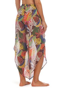 A tropical-inspired print enlivens airy cover-up pants designed with vented legs and an adjustable drawstring at the waist. Elastic/drawstring waist Side slits 100% polyester Hand wash, line dry Imported Printed Tie-side Beachwear Bottoms, Bohemian Multicolor Bottoms For Vacation, Multicolor Summer Beach Cover-up Bottoms, Multicolor Beach Pants For Beach Season, Multicolor Beach Vacation Pants, Multicolor Pants For Beach Vacation, Multicolor Pants For Vacation And Beach Season, Multicolor Summer Beach Pants, Beachy Floral Print Tie-side Bottoms