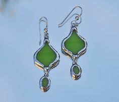 Stained Glass Earrings, Elven Jewelry, Goth Earrings, Stained Glass Jewelry, Glass Jewellery, Recycled Jewelry, Apple Green, Sea Glass Jewelry, Etsy Earrings Dangle