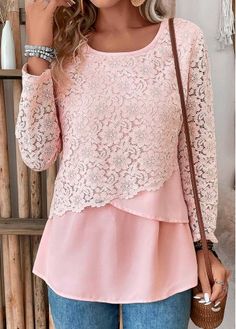 Color:Light Pink;Size:S;Size:M;Size:L;Size:XL;Size:XXL;Package Contents:1 X Blouse;Occasion:Other;Style:Bohemian; Full Figured Fashion For Women, American First Ladies, Round Neck Blouse, Colour Combinations Fashion, Stylish Tops For Women, Tee Shirt Fashion, Full Figure Fashion, Trendy Tops For Women, Pink Round