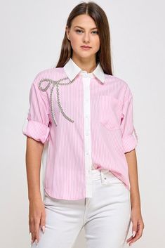 Pink Rhinestone Detail Stripe Shirt Rhinestone Blouse For Spring, Spring Pink Rhinestone Tops, Chic Rhinestone Tops For Spring, Casual Pink Tops With Rhinestones, Chic Summer Tops With Rhinestones, Chic Summer Top With Rhinestones, Casual Rhinestone Tops For Spring, Summer Pink Tops With Rhinestones, Casual Shorts Men