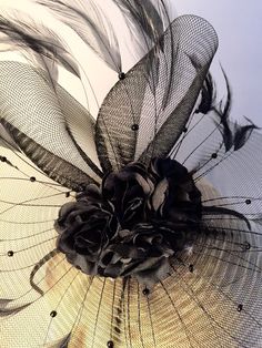 Black fascinator- black flower headband- wedding- derby- headpiece- feather- Mad hatter- Tea party- Lady's who Lunch. Hello, This black horse hair netting/ fascinator has a cluster of 3 inch of flowers on top. This flower is edged with a ring of black feathers. (It's not horse hair but a hundred years ago it was woven from horse hair and the name stuck) It's on a skinny 1/8 inch black satin covered headband that is adjustable to fit any head size and very comfortable...plus no hat head! -------- Adjustable Black Fascinator For Vintage Events, Feather Fascinator For Royal Ascot, Evening Fascinator With Feather Trim, Elegant Black Fascinator With Feather Trim, Elegant Black Feather Trim Costume Hat, Elegant Black Costume Hat With Feather Trim, Black Feather Trim Headpiece For Evening, Elegant Black Feathered Fascinator, Black Feathered Headpiece For Evening